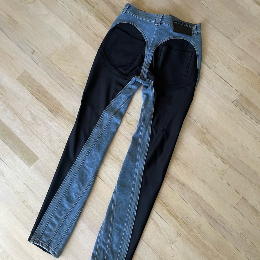 MUGLER Blue & Black Bi-Material Spiral Jeans - size 6 - Brand New & Never Worn